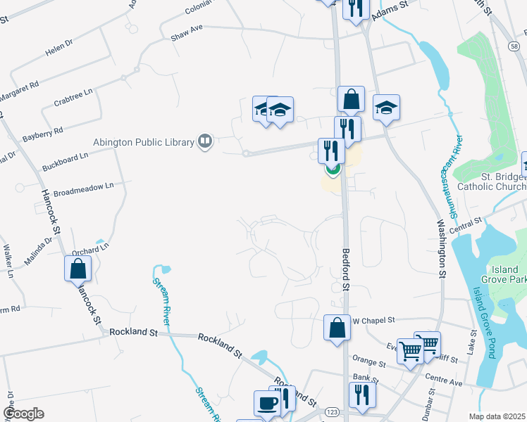map of restaurants, bars, coffee shops, grocery stores, and more near 3 Thayer Street in Abington