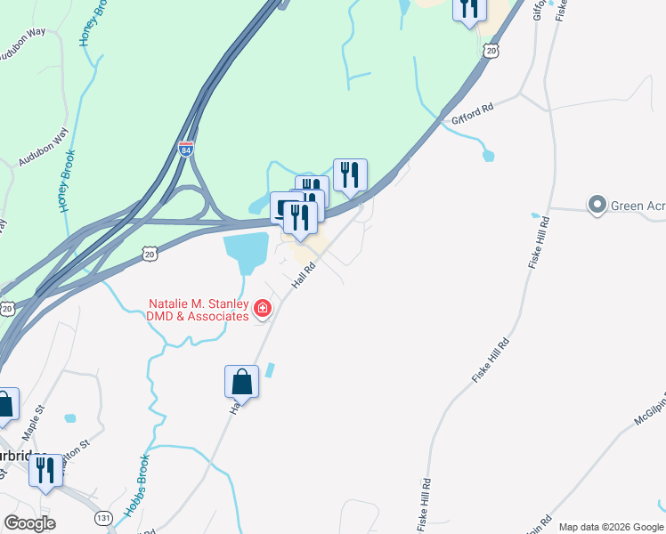 map of restaurants, bars, coffee shops, grocery stores, and more near 88 Hall Road in Sturbridge