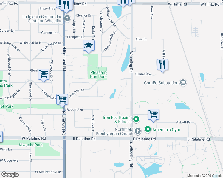 map of restaurants, bars, coffee shops, grocery stores, and more near 523 Bridle Trail in Wheeling