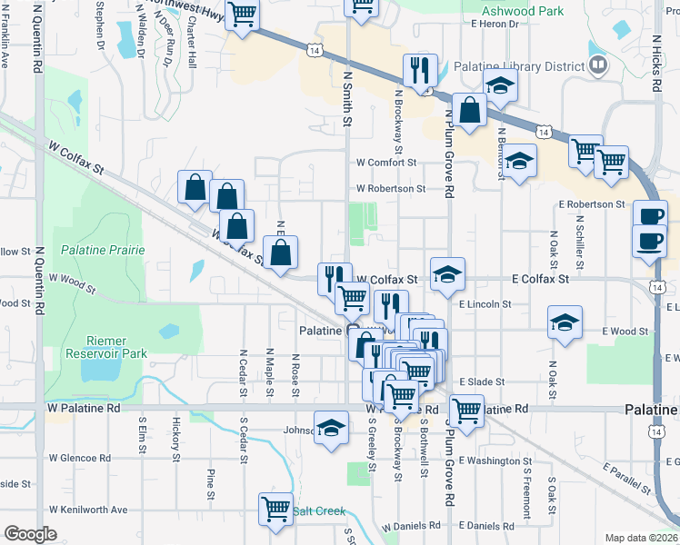map of restaurants, bars, coffee shops, grocery stores, and more near 204 West Colfax Street in Palatine