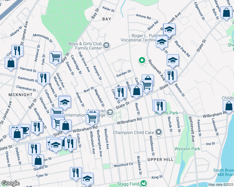 map of restaurants, bars, coffee shops, grocery stores, and more near 125 College Street in Springfield