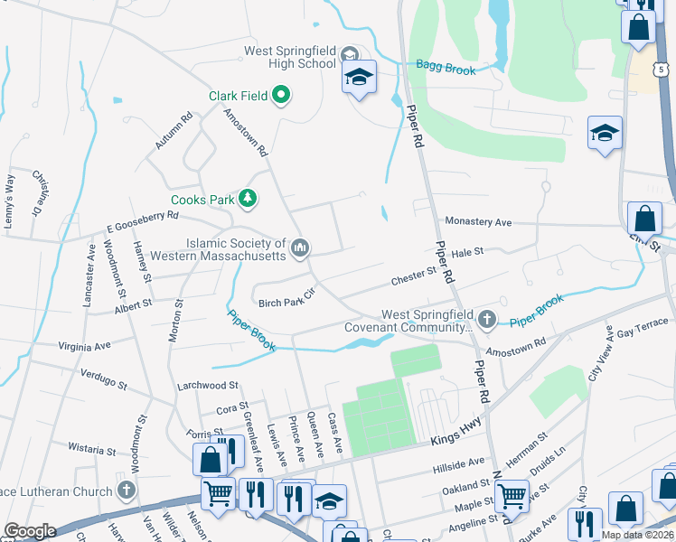 map of restaurants, bars, coffee shops, grocery stores, and more near in West Springfield