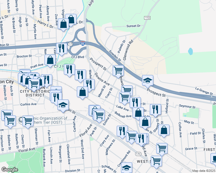 map of restaurants, bars, coffee shops, grocery stores, and more near 31 Downs Avenue in Binghamton