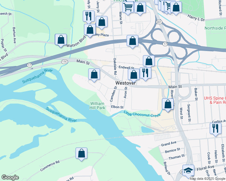 map of restaurants, bars, coffee shops, grocery stores, and more near 30 Dayton Street in Johnson City