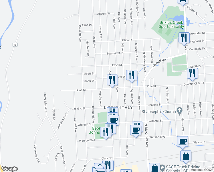 map of restaurants, bars, coffee shops, grocery stores, and more near 402 Irving Avenue in Endicott