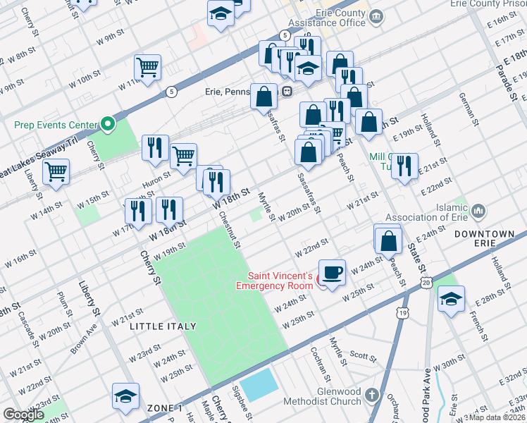 map of restaurants, bars, coffee shops, grocery stores, and more near 1825 Myrtle Street in Erie