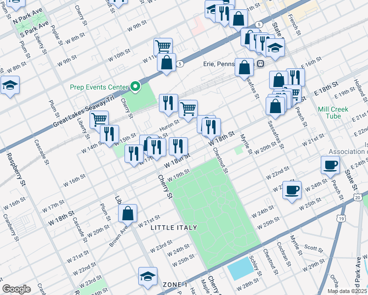 map of restaurants, bars, coffee shops, grocery stores, and more near 1621 Walnut St in Erie