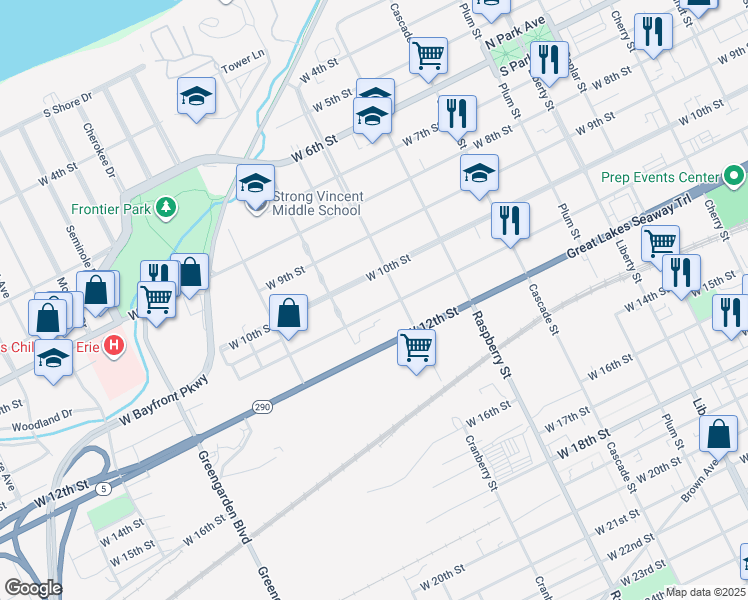 map of restaurants, bars, coffee shops, grocery stores, and more near 1225 27 W 10 Street in Erie