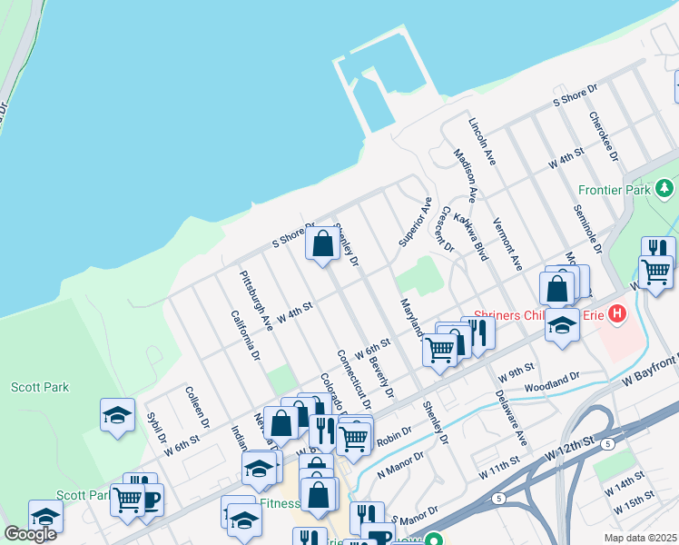 map of restaurants, bars, coffee shops, grocery stores, and more near 311 Beverly Drive in Erie