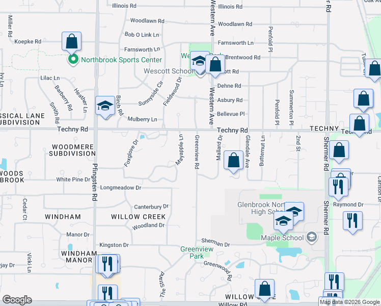 map of restaurants, bars, coffee shops, grocery stores, and more near 1825 Greenview Road in Northbrook