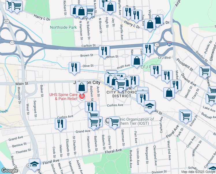 map of restaurants, bars, coffee shops, grocery stores, and more near 255 Main Street in Johnson City