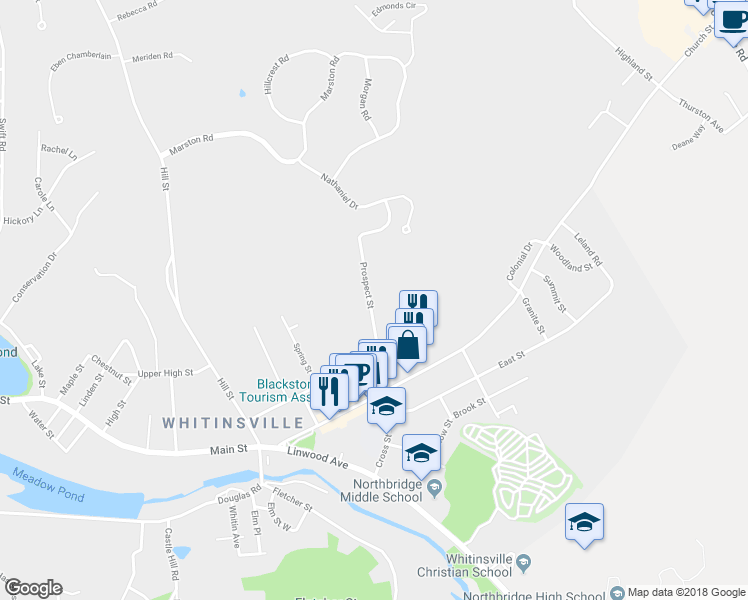 map of restaurants, bars, coffee shops, grocery stores, and more near 56 Prospect Street in Northbridge