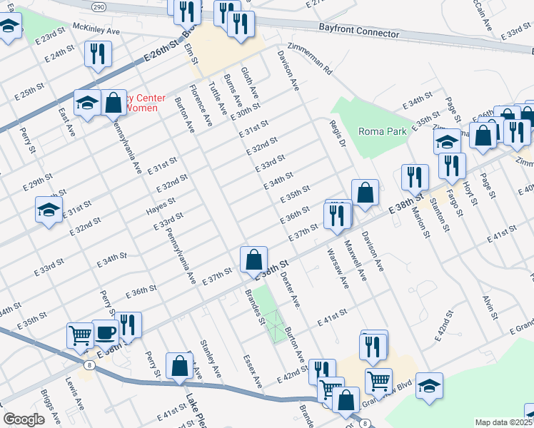map of restaurants, bars, coffee shops, grocery stores, and more near 1277 E 35th St in Erie