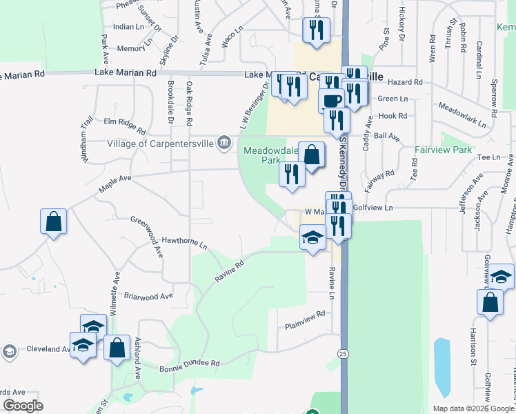 map of restaurants, bars, coffee shops, grocery stores, and more near 305 Lw Besinger Drive in Carpentersville