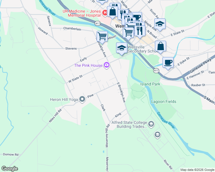 map of restaurants, bars, coffee shops, grocery stores, and more near 27 Whitney Place in Wellsville