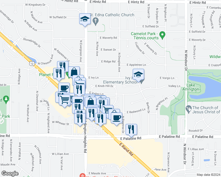 map of restaurants, bars, coffee shops, grocery stores, and more near 419 East Knob Hill Drive in Arlington Heights