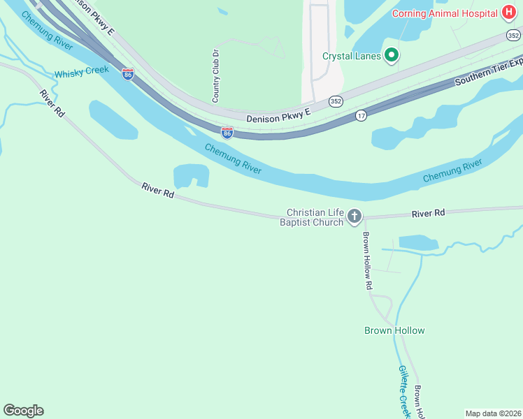 map of restaurants, bars, coffee shops, grocery stores, and more near 11411 River Road in Corning