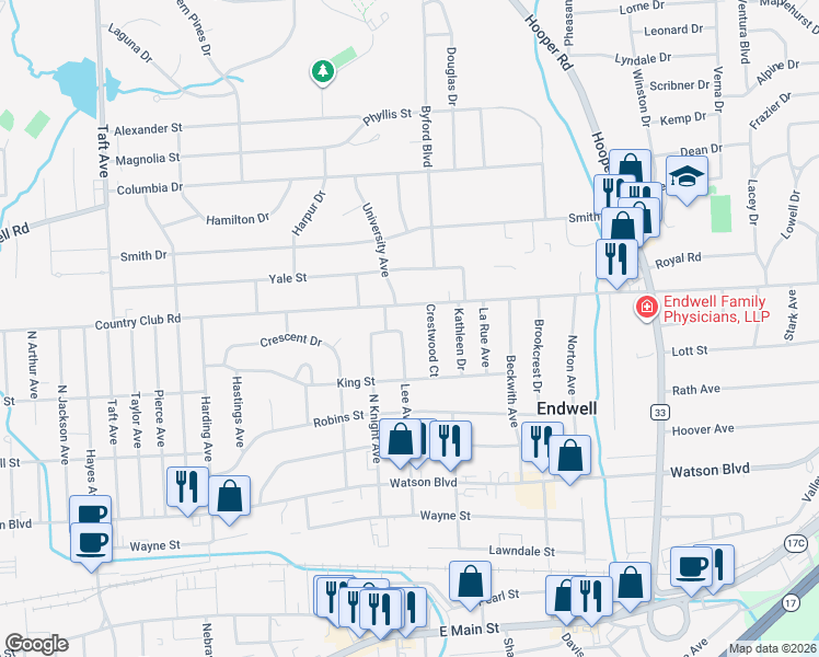 map of restaurants, bars, coffee shops, grocery stores, and more near 3104 Country Club Road in Endicott