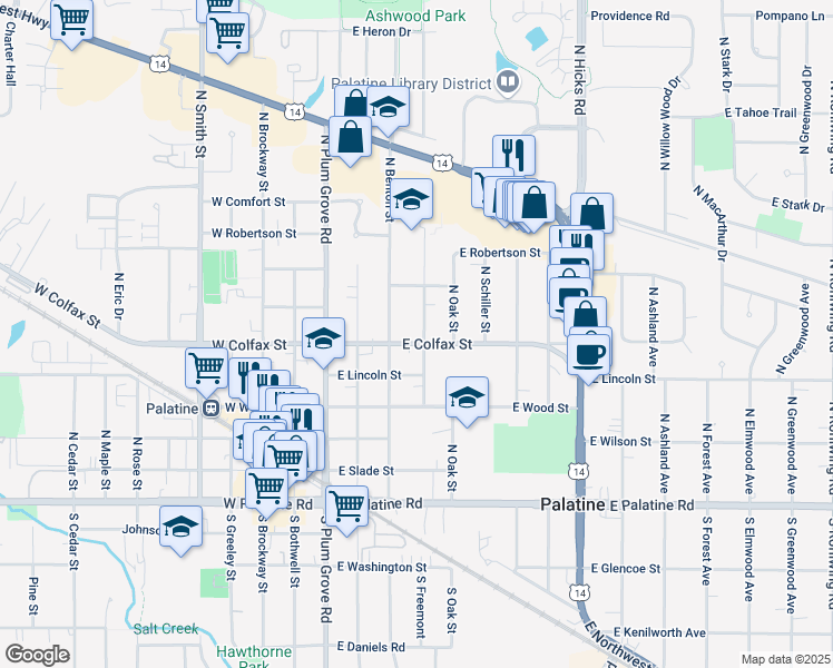 map of restaurants, bars, coffee shops, grocery stores, and more near 249 North Benton Street in Palatine