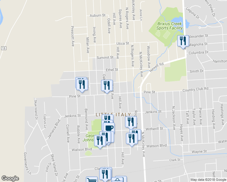 map of restaurants, bars, coffee shops, grocery stores, and more near 1201 Pine Street in Endicott