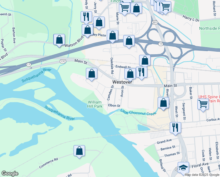 map of restaurants, bars, coffee shops, grocery stores, and more near 30 Dayton Street in Johnson City