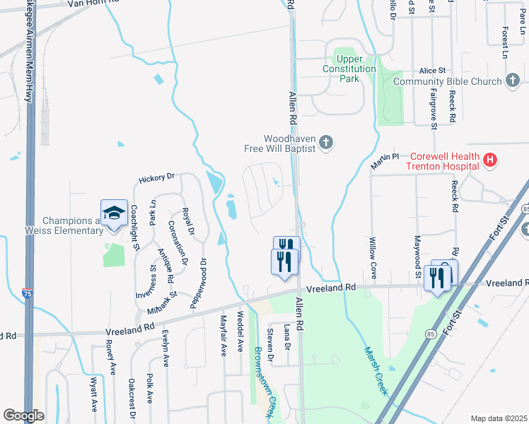 map of restaurants, bars, coffee shops, grocery stores, and more near 26726 Ashton Drive in Woodhaven