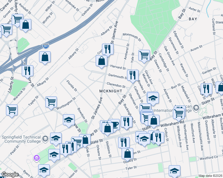 map of restaurants, bars, coffee shops, grocery stores, and more near 52 Clarendon Street in Springfield