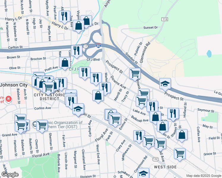 map of restaurants, bars, coffee shops, grocery stores, and more near 12 Market Street in Binghamton