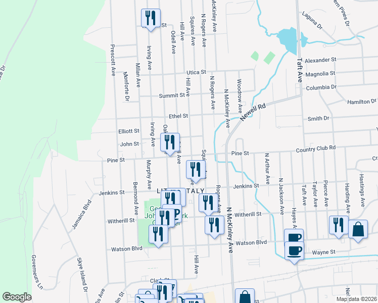 map of restaurants, bars, coffee shops, grocery stores, and more near 401 Hill Avenue in Endicott