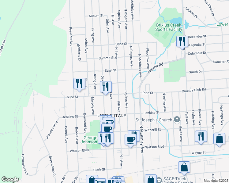 map of restaurants, bars, coffee shops, grocery stores, and more near 1205 Pine Street in Endicott