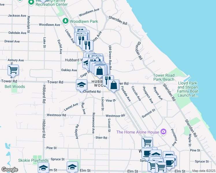 map of restaurants, bars, coffee shops, grocery stores, and more near 903 Green Bay Road in Winnetka