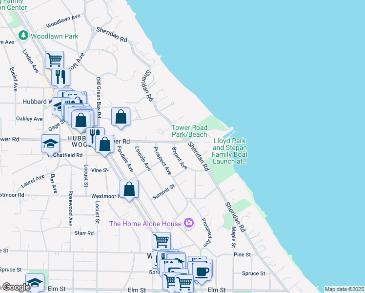 map of restaurants, bars, coffee shops, grocery stores, and more near 888 Sheridan Road in Winnetka
