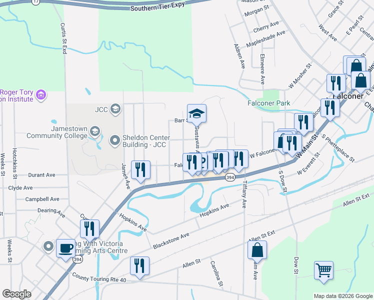map of restaurants, bars, coffee shops, grocery stores, and more near 124 Niagara Avenue in Jamestown