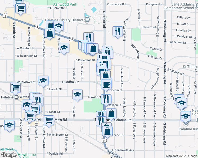 map of restaurants, bars, coffee shops, grocery stores, and more near 253 North Schubert Street in Palatine