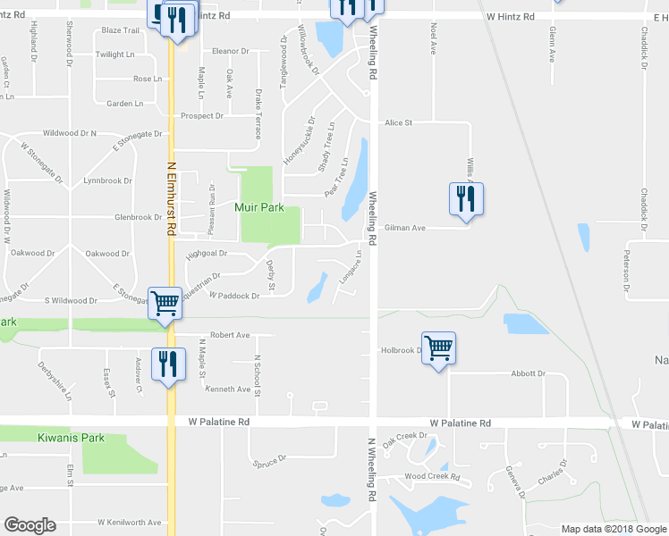 map of restaurants, bars, coffee shops, grocery stores, and more near 477 Bridle Trail in Wheeling