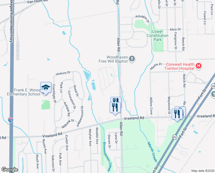 map of restaurants, bars, coffee shops, grocery stores, and more near 26726 Ashton Drive in Woodhaven