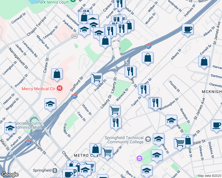 map of restaurants, bars, coffee shops, grocery stores, and more near 469 Liberty Street in Springfield