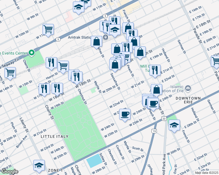 map of restaurants, bars, coffee shops, grocery stores, and more near 228 West 20th Street in Erie