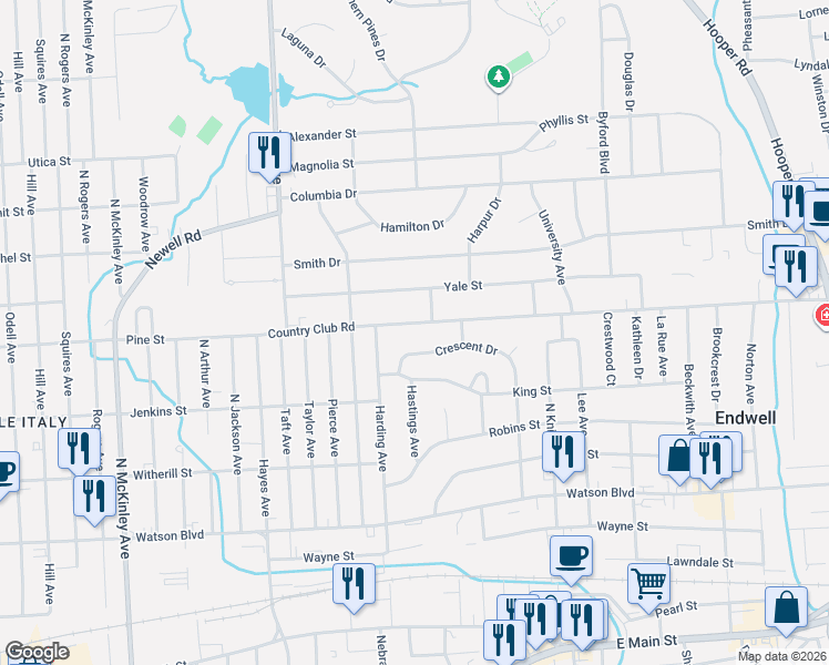 map of restaurants, bars, coffee shops, grocery stores, and more near 2728 Country Club Road in Endicott