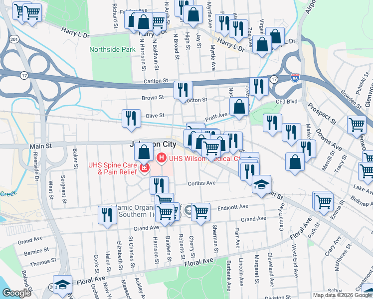 map of restaurants, bars, coffee shops, grocery stores, and more near 255 Main Street in Johnson City