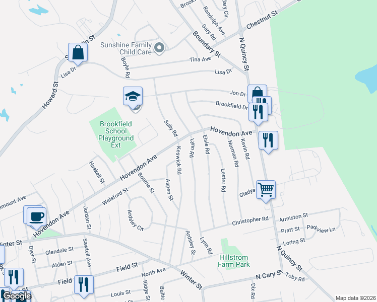 map of restaurants, bars, coffee shops, grocery stores, and more near 208 Lynn Road in Brockton