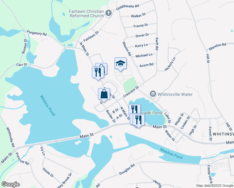 map of restaurants, bars, coffee shops, grocery stores, and more near 3 Overlook Street in Northbridge