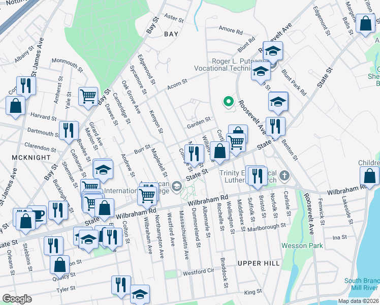 map of restaurants, bars, coffee shops, grocery stores, and more near 125 College Street in Springfield