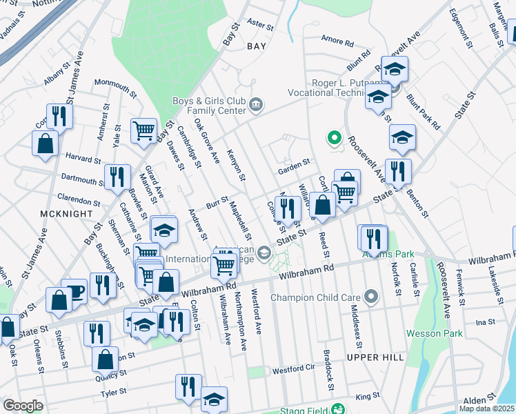 map of restaurants, bars, coffee shops, grocery stores, and more near 80 Oak Grove Avenue in Springfield