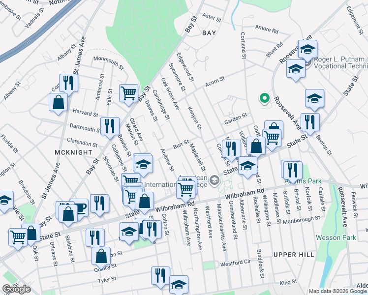 map of restaurants, bars, coffee shops, grocery stores, and more near 57 Mapledell Street in Springfield