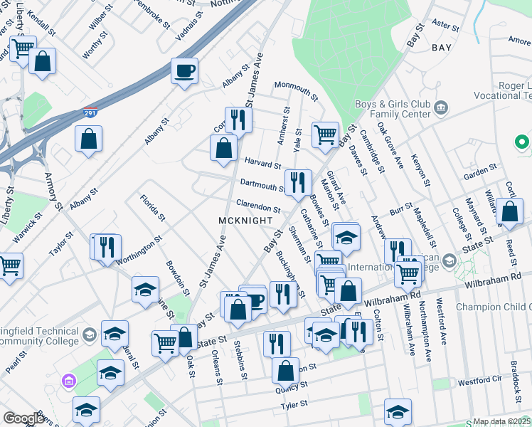 map of restaurants, bars, coffee shops, grocery stores, and more near 52 Clarendon Street in Springfield