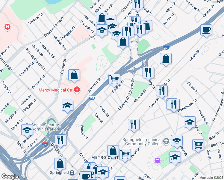 map of restaurants, bars, coffee shops, grocery stores, and more near 404-406 Franklin Street in Springfield