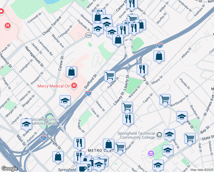 map of restaurants, bars, coffee shops, grocery stores, and more near 404-406 Franklin Street in Springfield