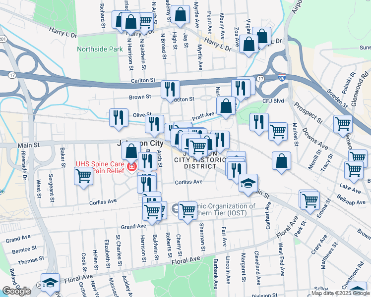 map of restaurants, bars, coffee shops, grocery stores, and more near 255 Main Street in Johnson City
