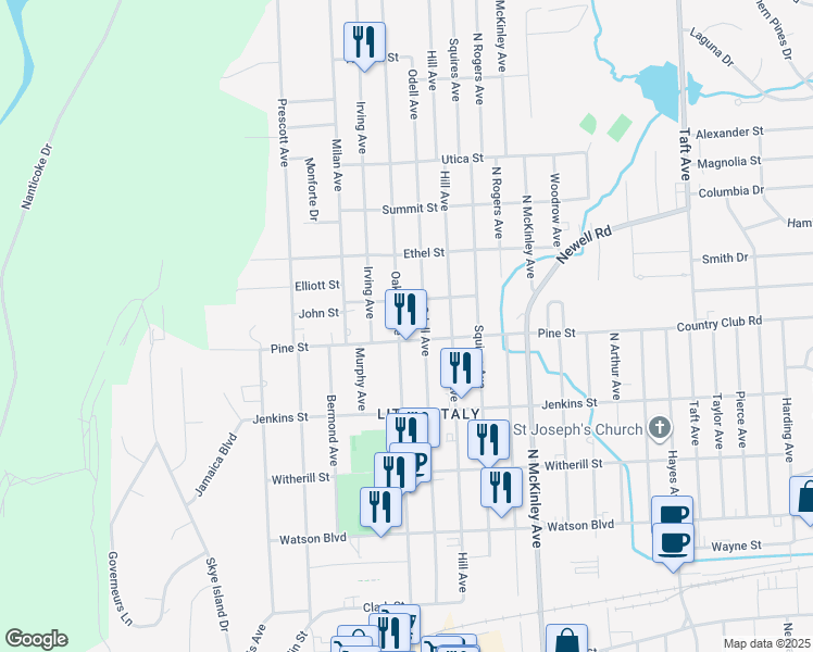 map of restaurants, bars, coffee shops, grocery stores, and more near 406 Oak Hill Avenue in Endicott